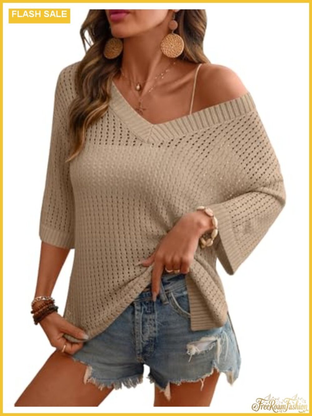 Women's Crochet V-Neck 3/4 Sleeve Hollow Out Knit Pullover Sweater Beach Cover